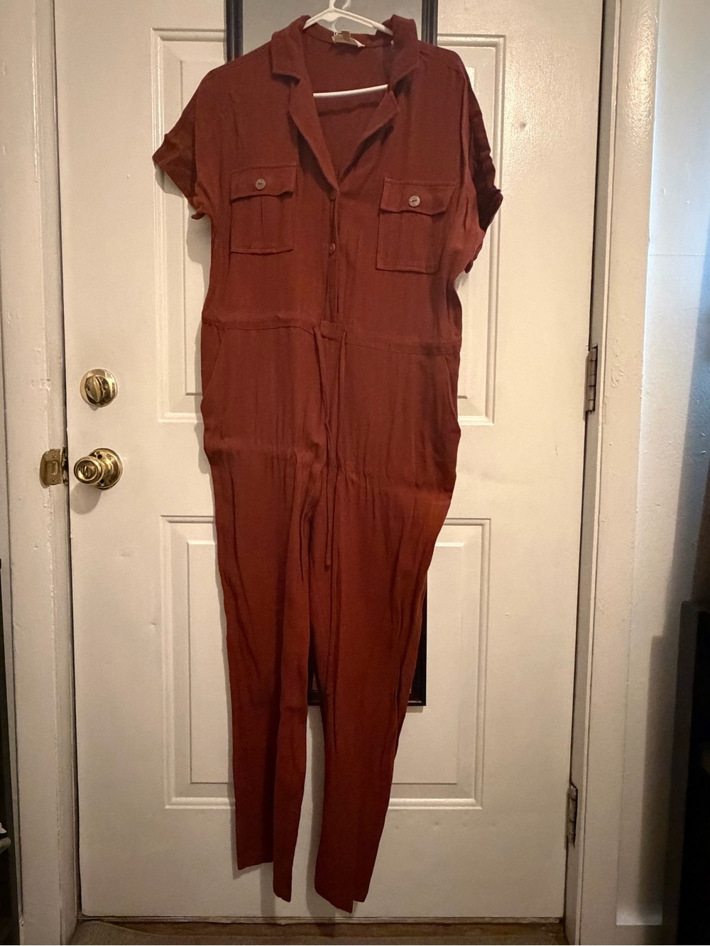 Promesa Short-Sleeve Utility Jumpsuit in Rust Brown